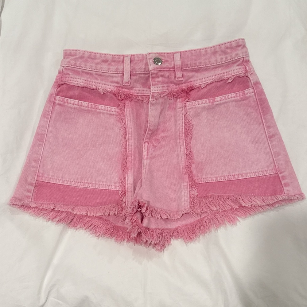 Pink Frayed Denim Women Shorts